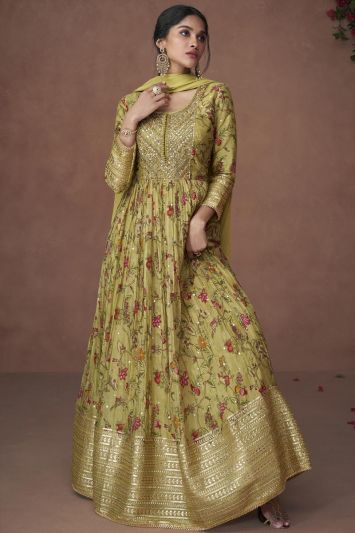 Women Organza Silk Gown in Olive Green Color