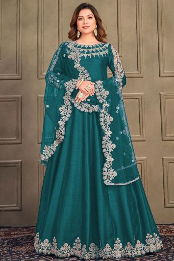 Women Teal Green Art Silk Gown