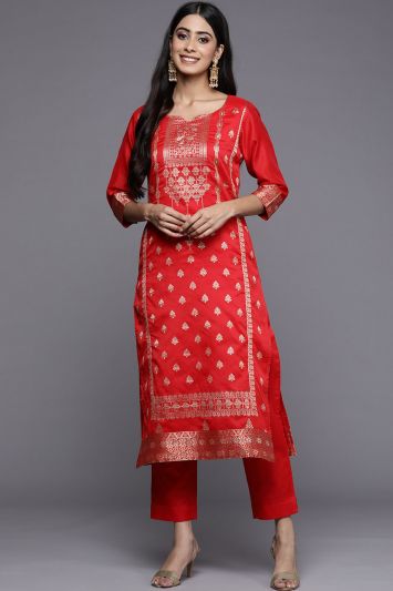 Woven Designer Red Jacquard Straight Pant Suit