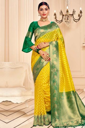 Yellow Banarasi Silk Saree with Green Blouse