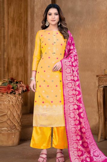 Yellow Color Banarasi Jacquard Fabric Party Wear Palazzo Suit