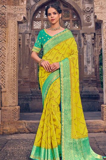 Yellow Color Georgette Fabric Weaving Printed Saree
