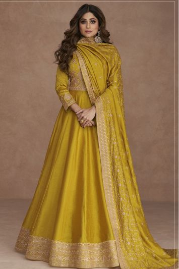 Yellow Color Premium Silk Fabric Festive Wear Gown