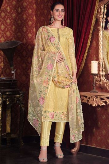 Yellow Color Soft Organza Hand Work Straight Pant Suit