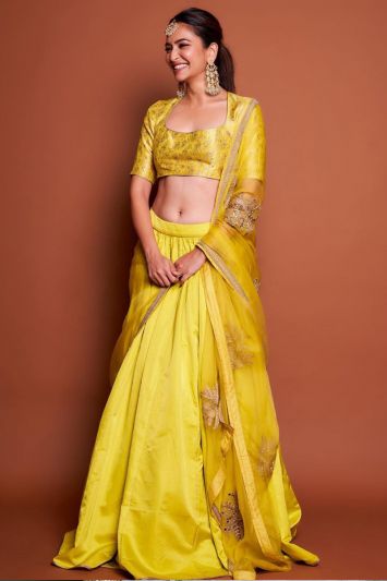 Yellow Color Taffeta Silk Fabric Lehenga Choli For Haldi Function