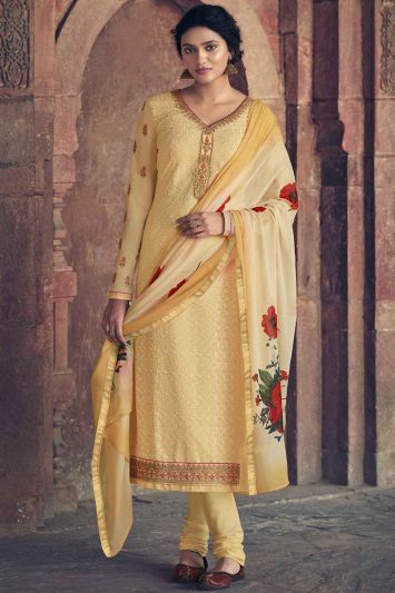 Yellow Embroidered Faux Georgette Churidar Suit