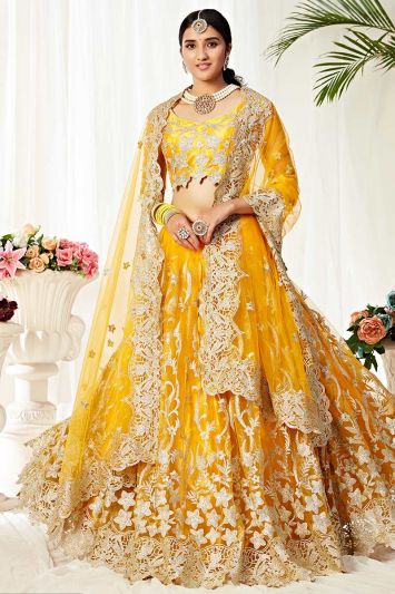Yellow Heavy Net with Silk Satin Party Wear Lehenga Choli with Dupatta