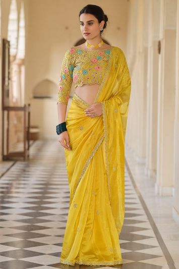 Yellow Organza Fabric Party Wear Saree with Soft Net Blouse