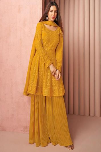 Yellow Real Georgette Sharara Suit For Haldi Function