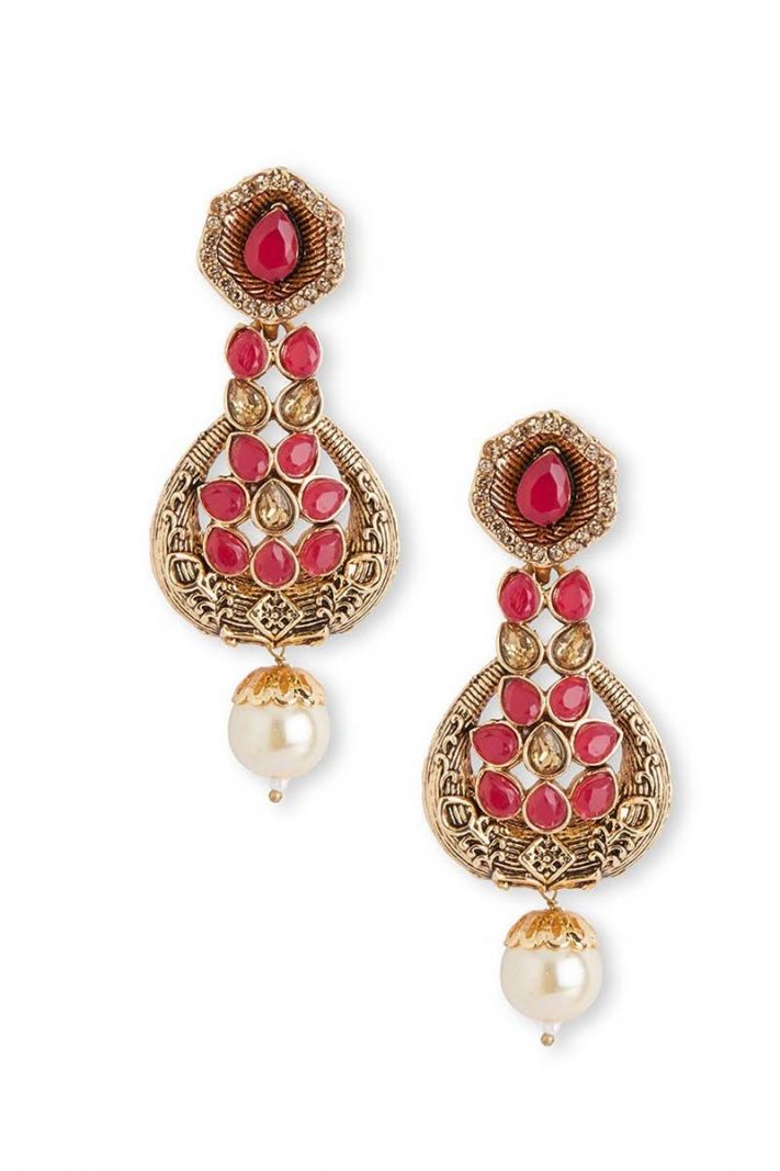 Alloy Antiqe Gold Earring Set With Red Stone Work