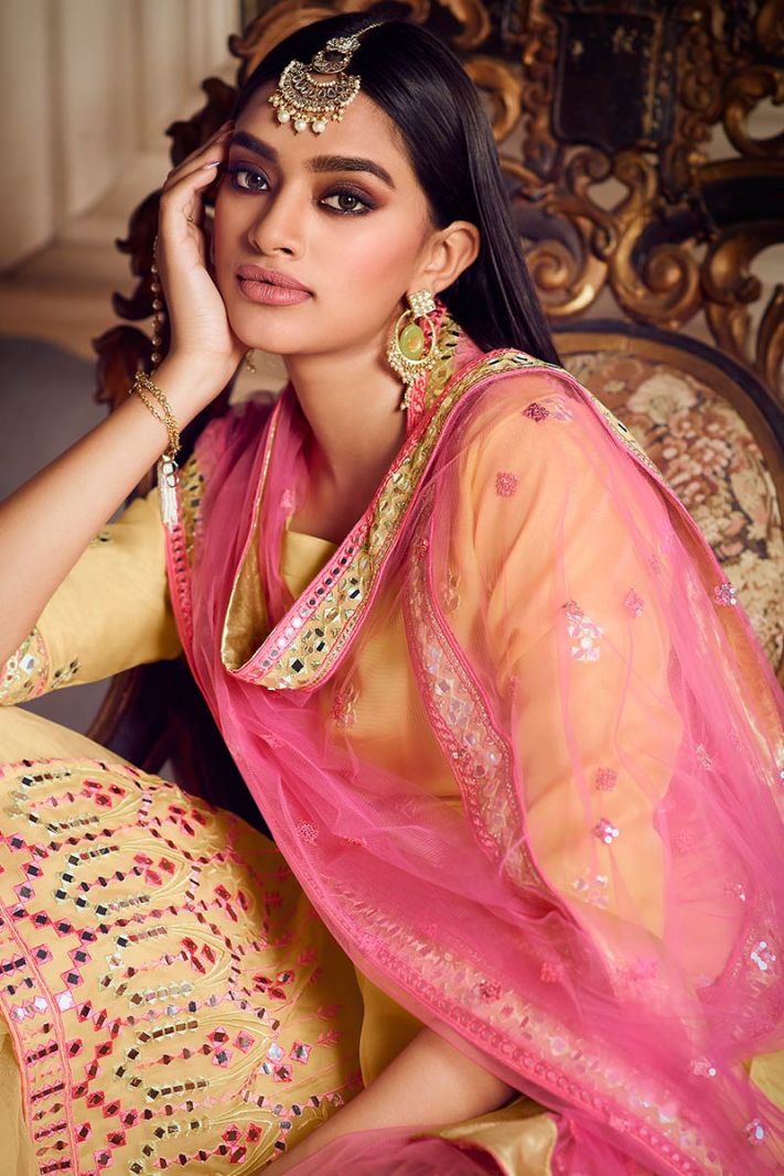 Beige Organza Fabric Party Wear Sharara Suit with Pink Soft Net Dupatta