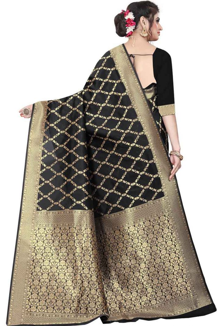 Black Banarasi Cotton Silk Saree with Blouse