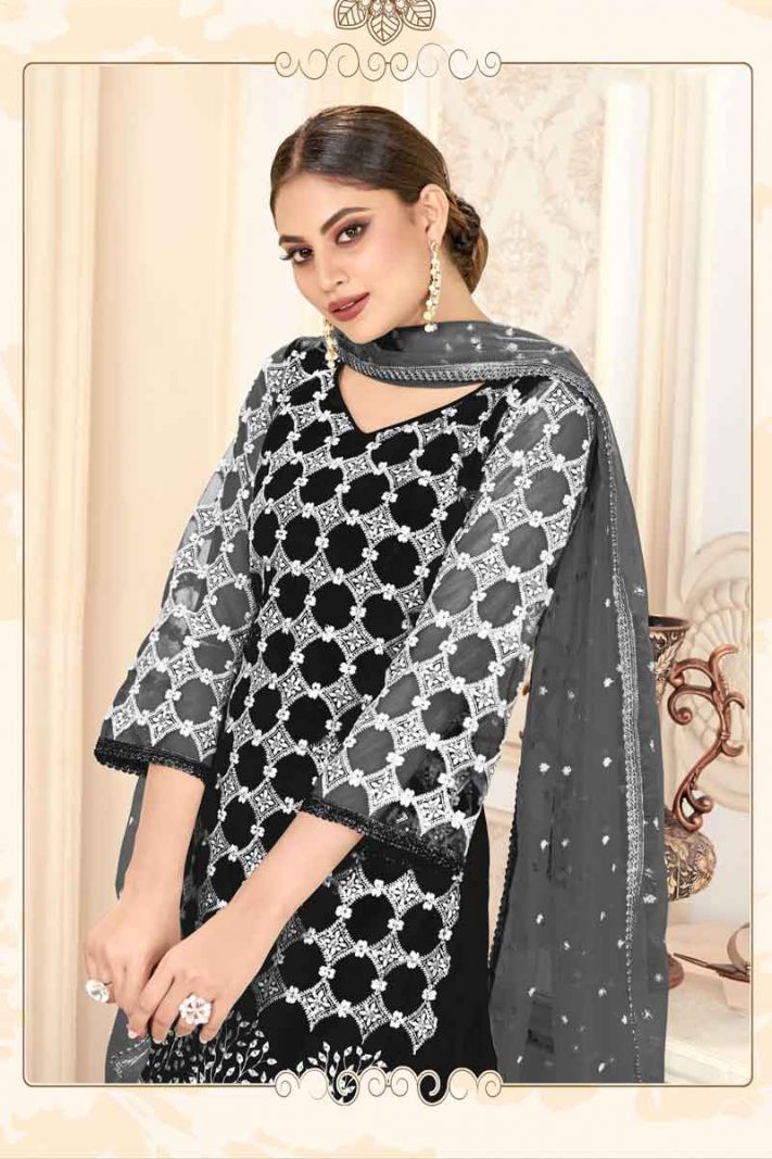 Black Butterfly Net Designer Straight Suit With Heavy Embroidery