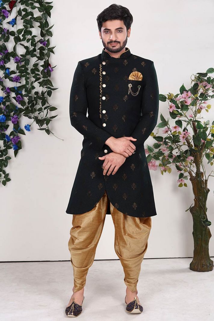 Black Imported Fabric Sherwani with Dupion Dhoti For Party
