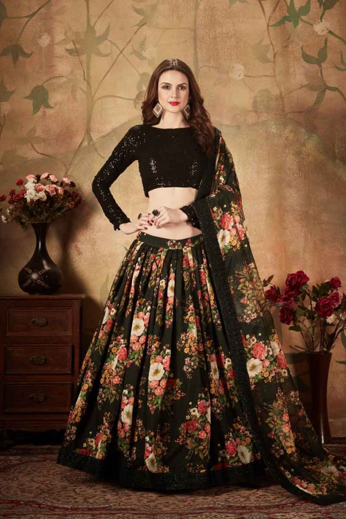 Black Orgenza Lehenga Choli With Printed And Sequence Work