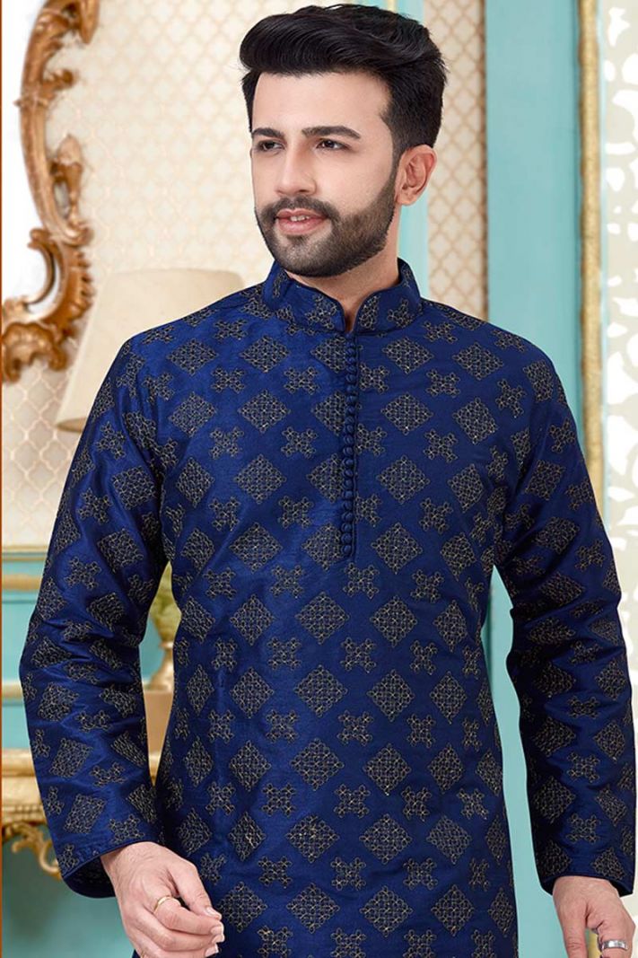 Blue Dupion Silk Kurta and Antique Color Churidar Pajama For Diwali
