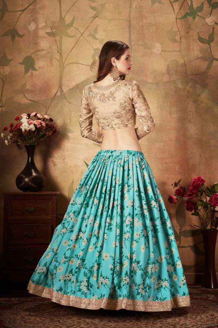 Blue Orgenza Lehenga Choli With Printed And Jari Embroidery