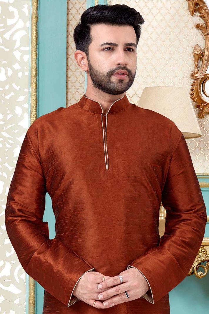 Brown Dupion Silk Kurta and Beige Color Dhoti For Festival