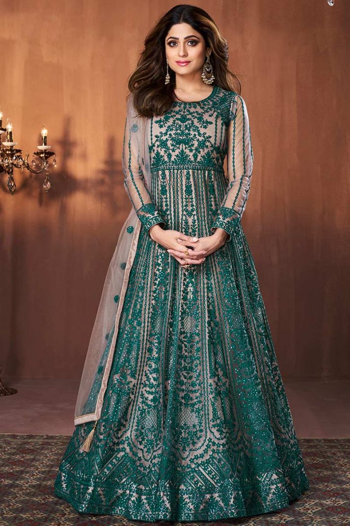 Buy Butterfly Net Fabric Anarkali Suit in Light Green Color
