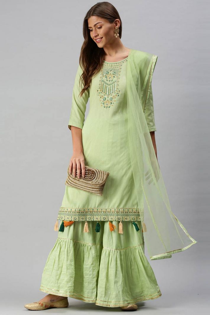 Buy Embroidered Chiffon Fabric Sharara Suit in Green Color