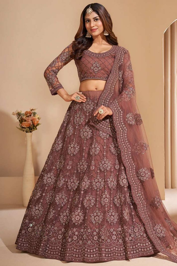 Buy Festive Wear Brown Color Net Fabric Lehenga Choli
