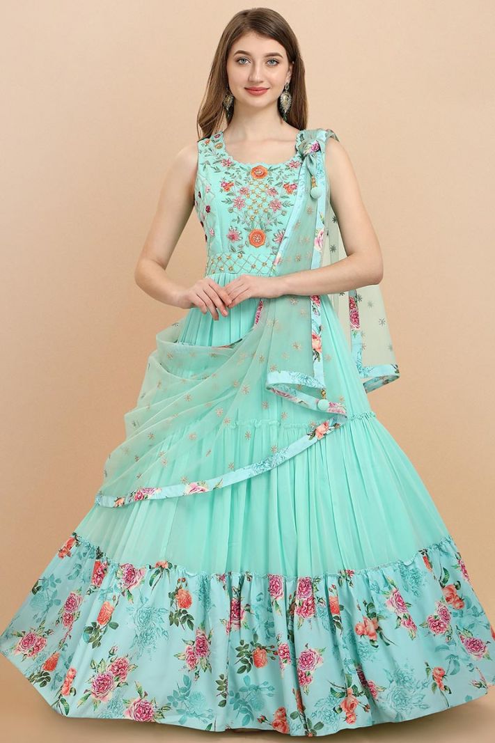 Buy Georgette Fabric Long Gown Suit in Mint Green Color