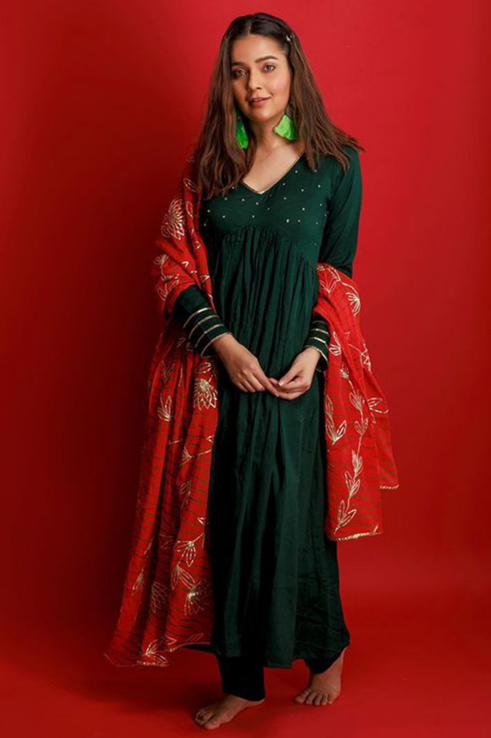 Buy Green Color Rayon Fabric Long Churidar Suit