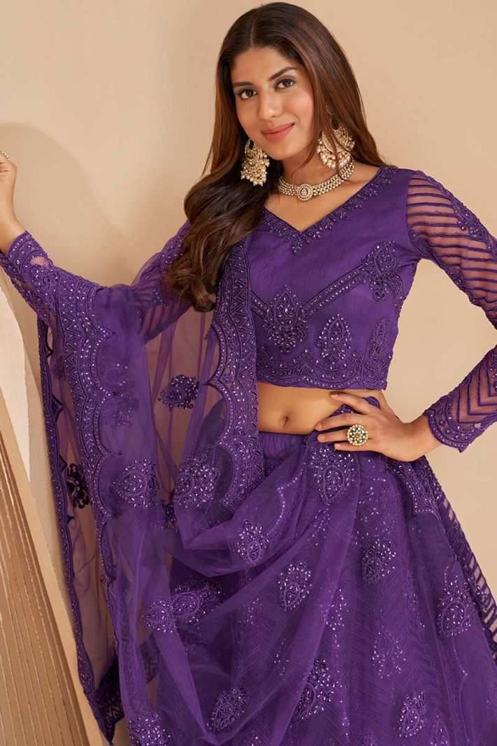 Buy Lavender Color Net Fabric Lehenga Choli With Lace Border