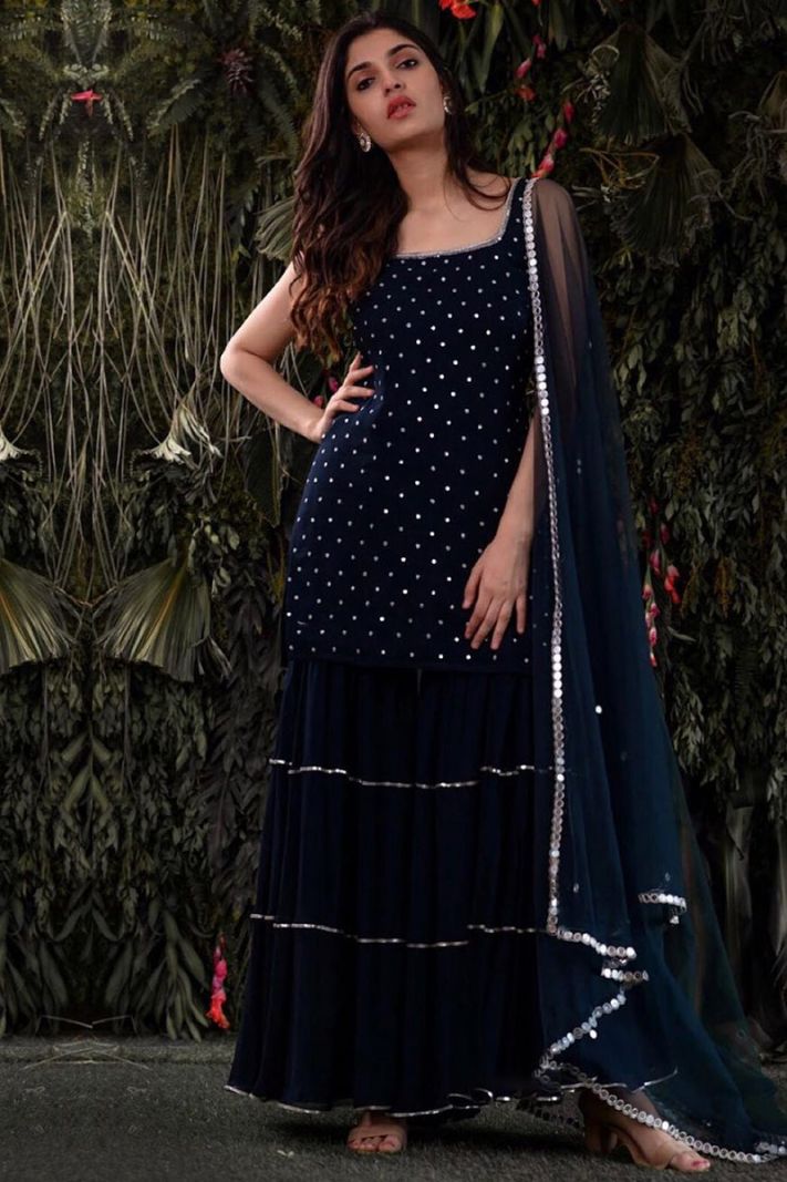 Buy Party Wear Navy Blue Georgette Fabric Sharara Suit