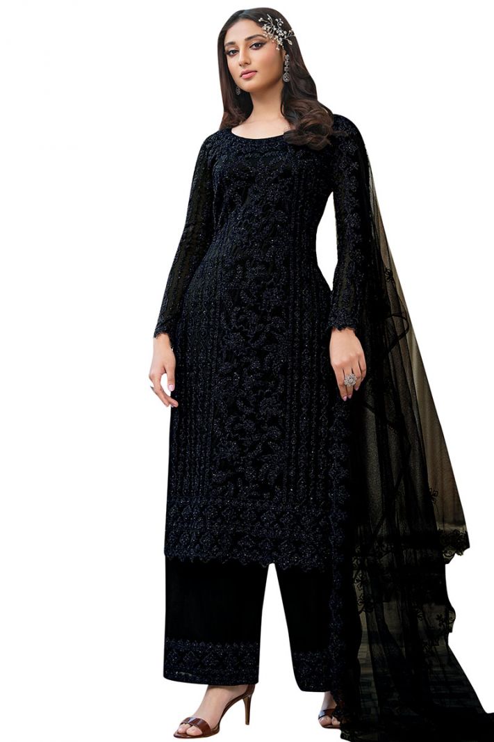 Buy Party Wear Net Fabric Palazzo Suit in Black Color