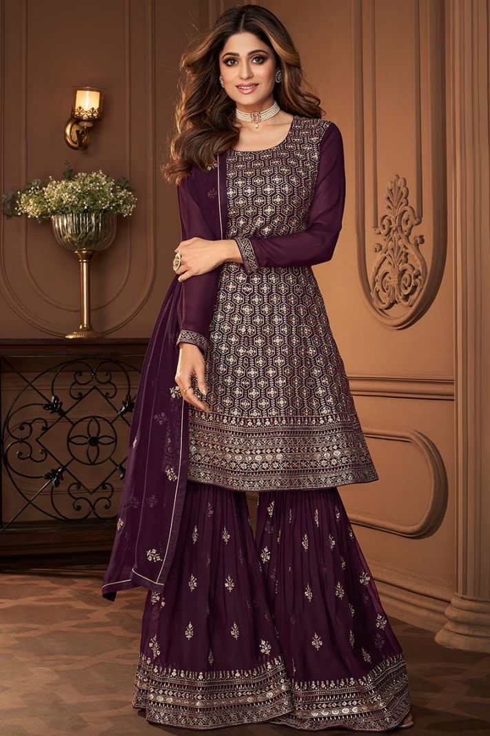 Buy Purple Real Georgette Fabric Sharara Suit with Sequins Work