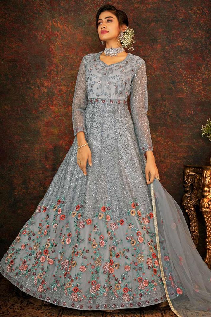 Buy Resham Embroidered Butterfly Net Anarkali Suit in Grey Color