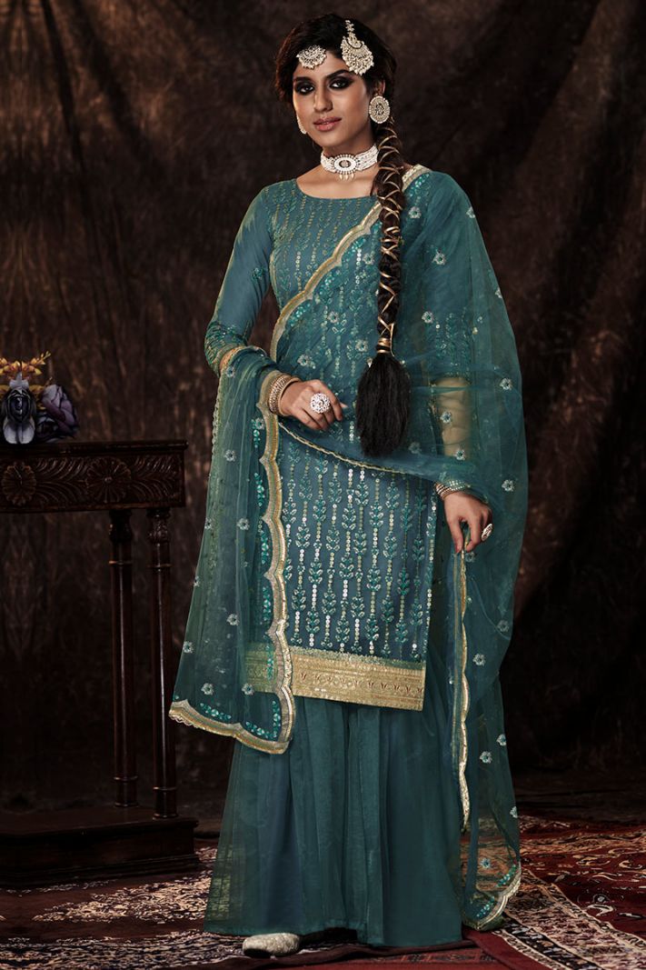Buy Soft Net Fabric Pakistani Sharara Suit in Dark Firozi Color