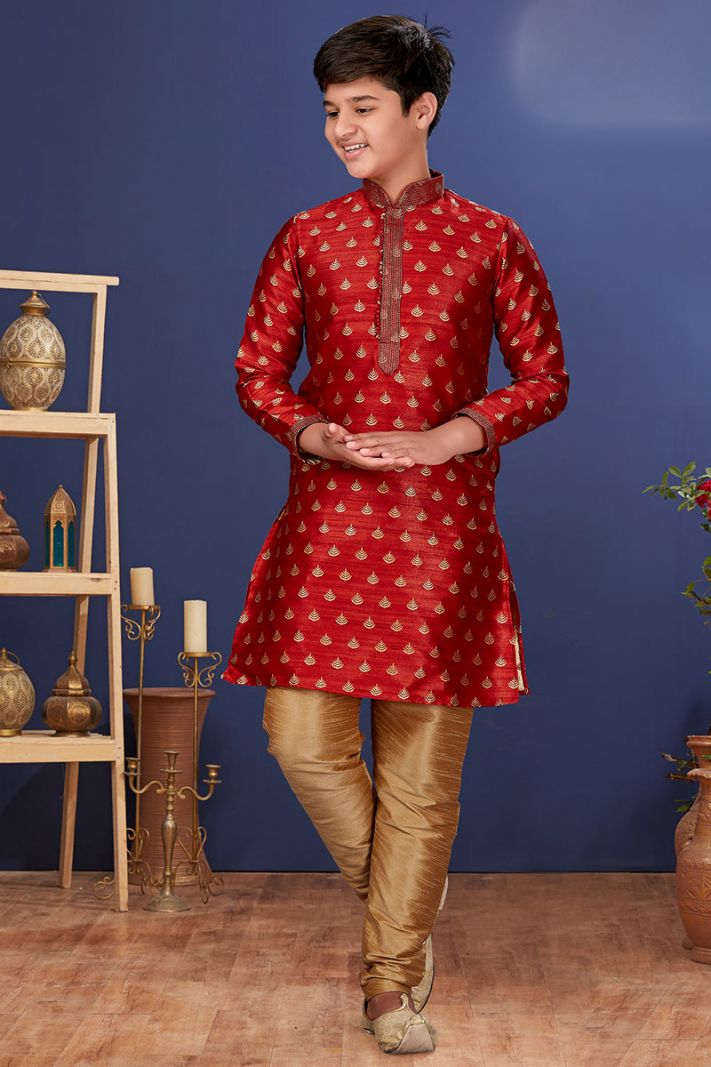 Buy This Indian Outfit Jacquard Silk Kurta Pajama in Red Color