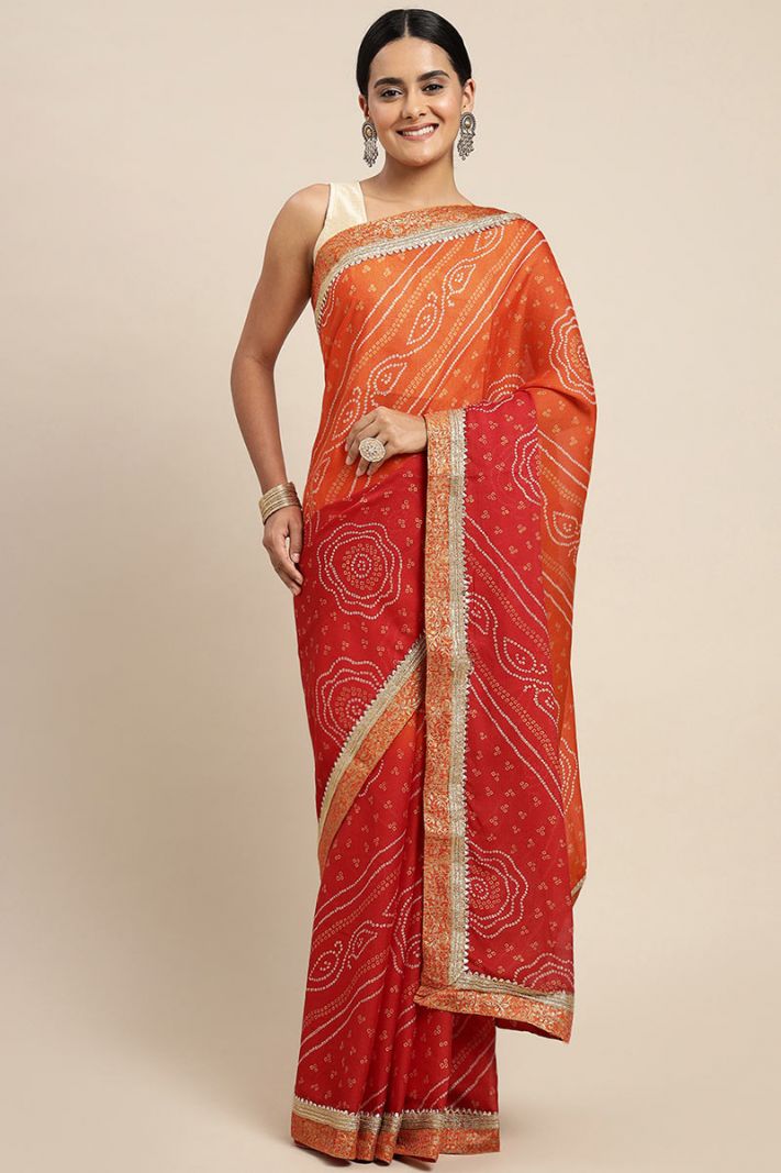 Chiffon Fabric Bandhej Printed Saree in Red Color