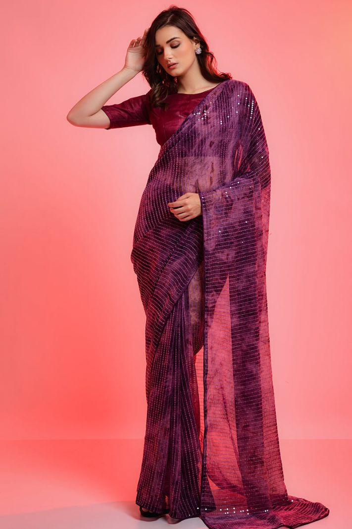 Chiffon Fabric Thread Work Saree in Purple Color