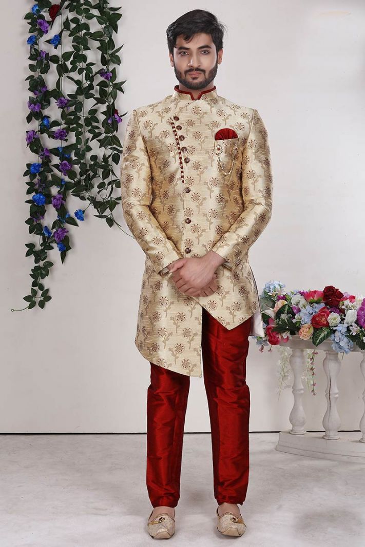 Cream Color Jacquard Fabric Sherwani with Aligarhi Pant For Wedding