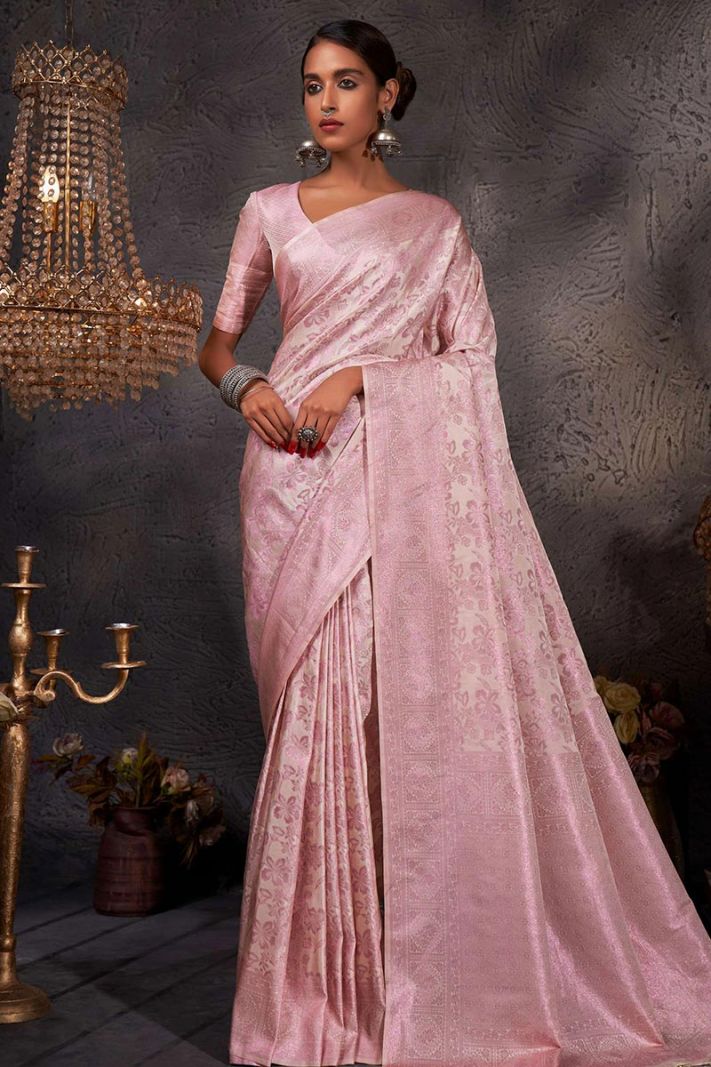 Cream Color Kanjivaram Silk Fabric Festive Wear Saree