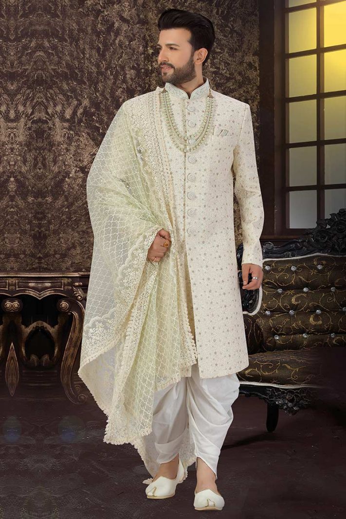 Cream Designing Art Silk Groom Wear Sherwani with Net Dupatta