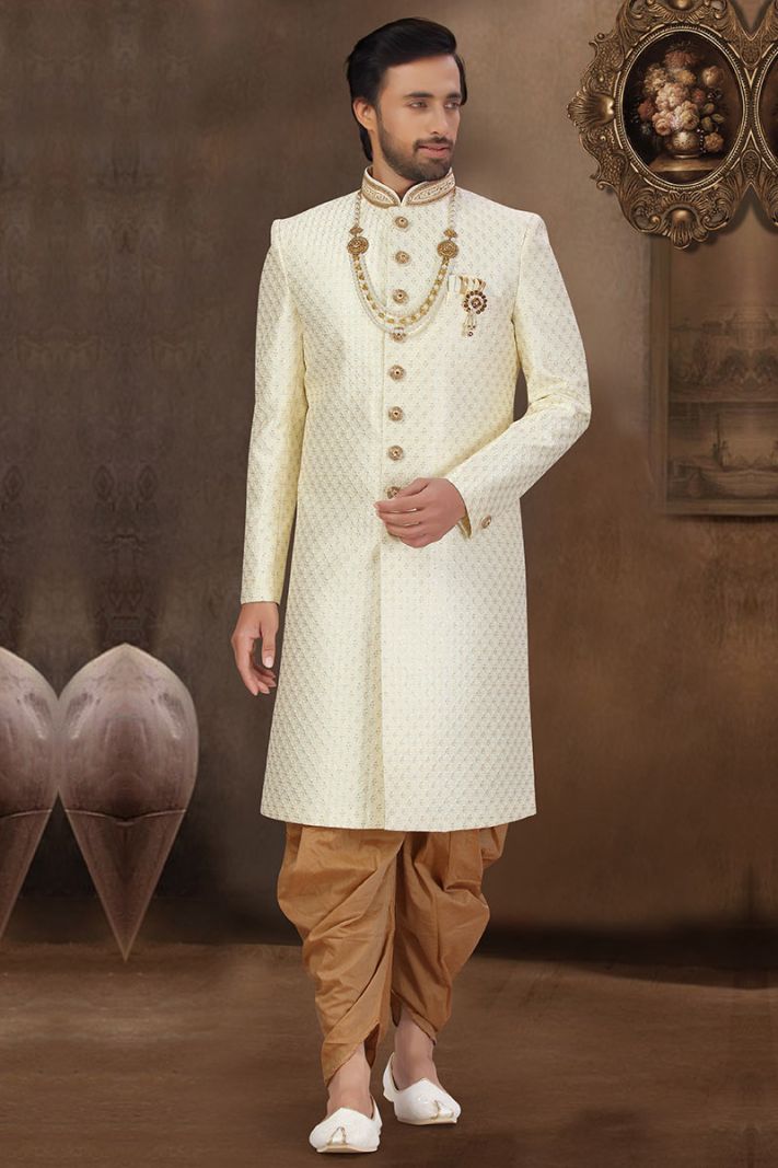 Cream Designing Art Silk Wedding Wear Sherwani and Golden Dhoti
