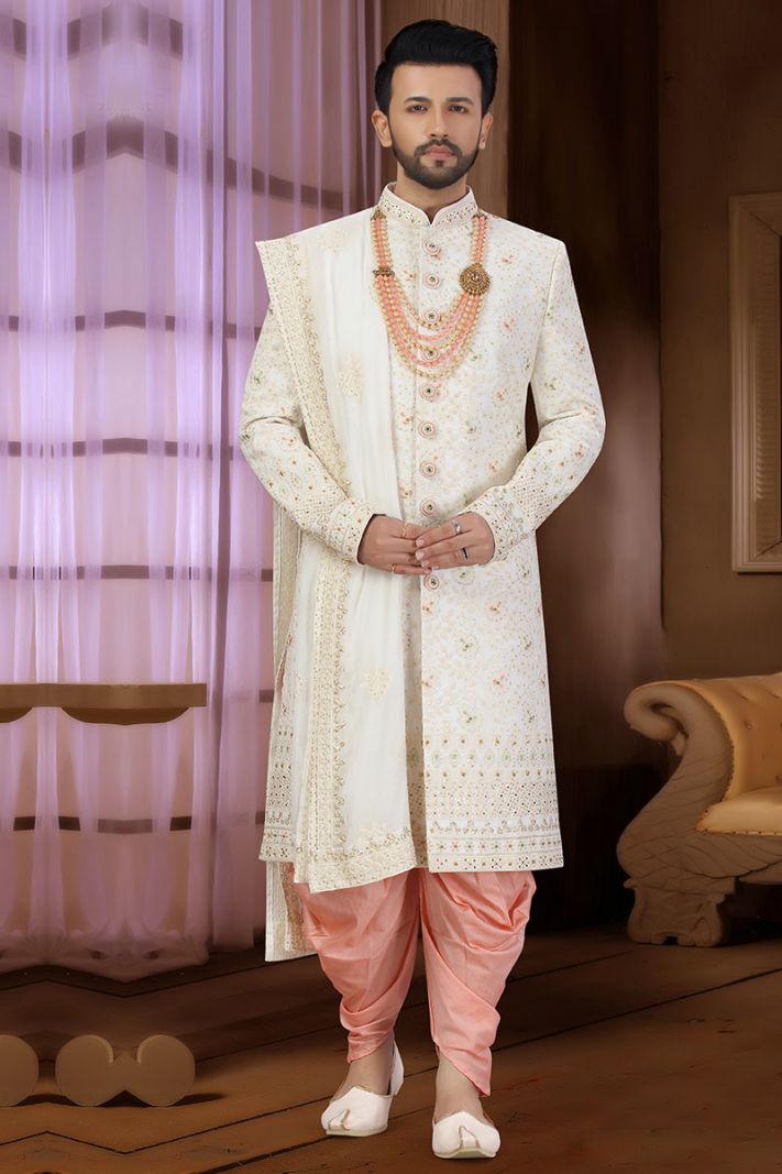 Cream Georgette Art Silk Groom Wear Sherwani with Net Dupatta