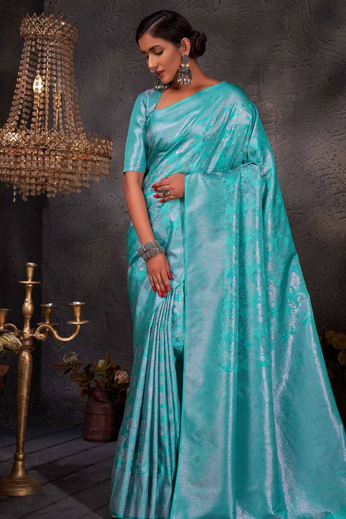 Cyan Color Kanjivaram Silk Fabric Designer Saree