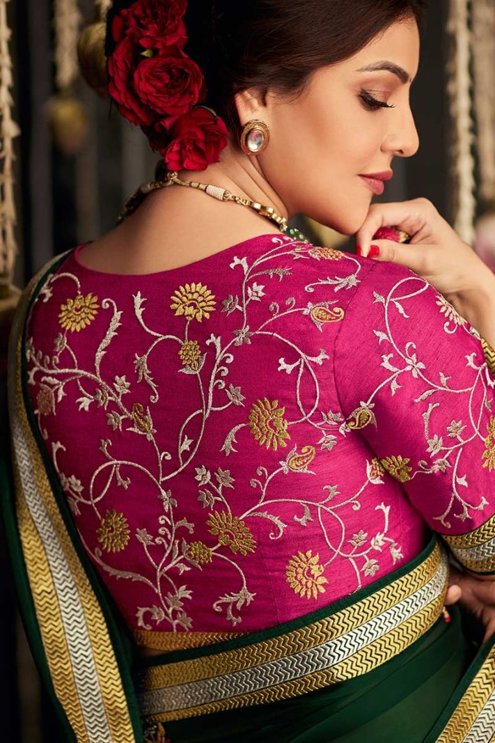Dark Green Color Silk Fabric Saree with Stone Work