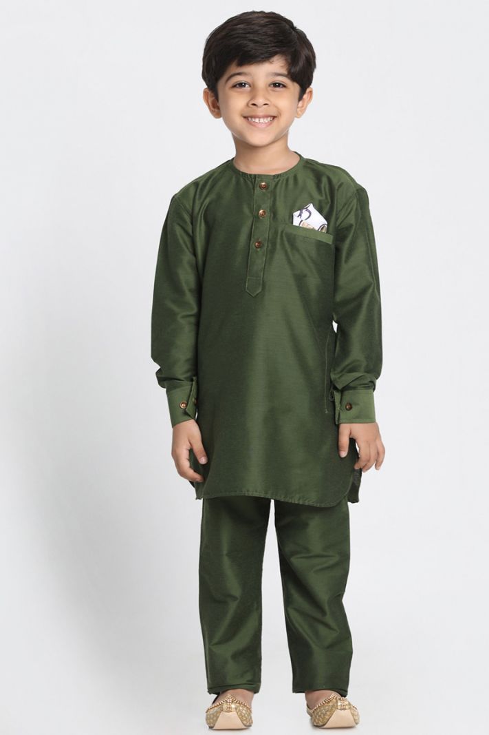 Dark Green Cotton Silk Blend Kurta Pajama For Diwali