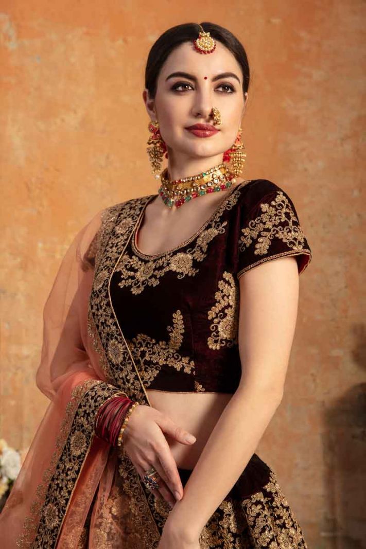 Dark Maroon Velvet Lehenga Choli With Jari Embroidery And Glitter Coding Work