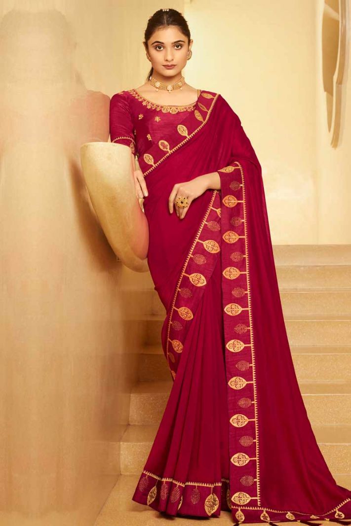 Deep Crimson Red Vichitra Silk Saree with Phantom Silk Blouse