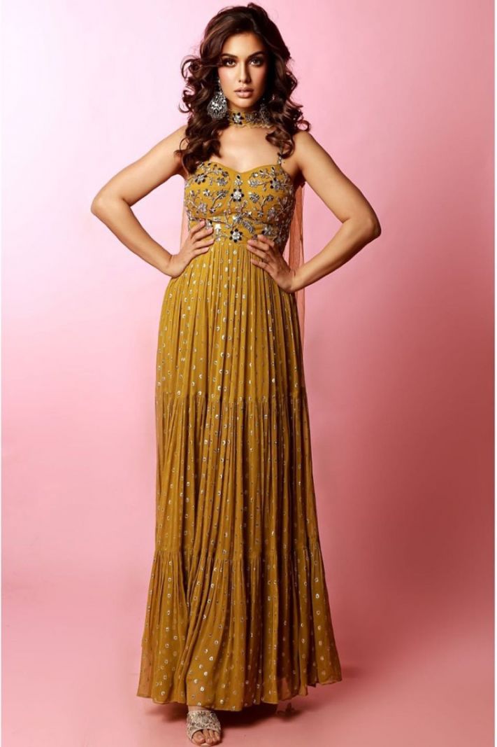 Divya Agarwal Yellow Stylish Anarkali Suit