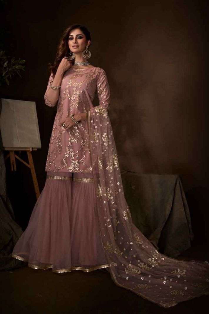 Dusty Pink Net Heavy Designer Sharara Suit With Jari Embroidery And Sequence Work