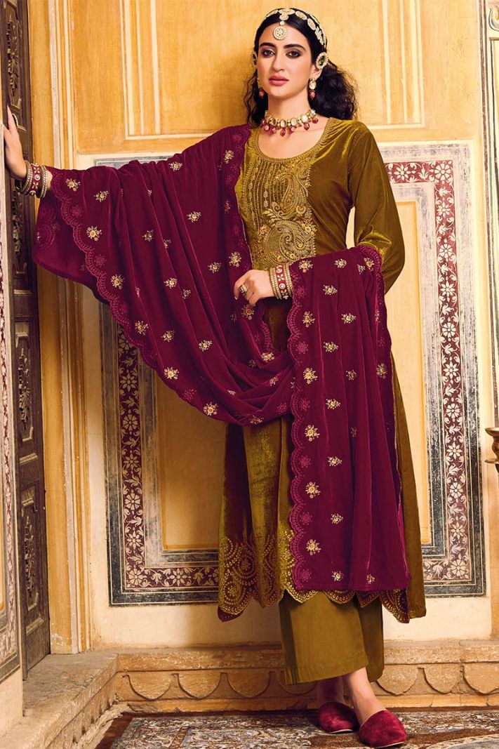 Maroon Color Moti and Lace border Velvet Palazzo Suit – Sachisabya