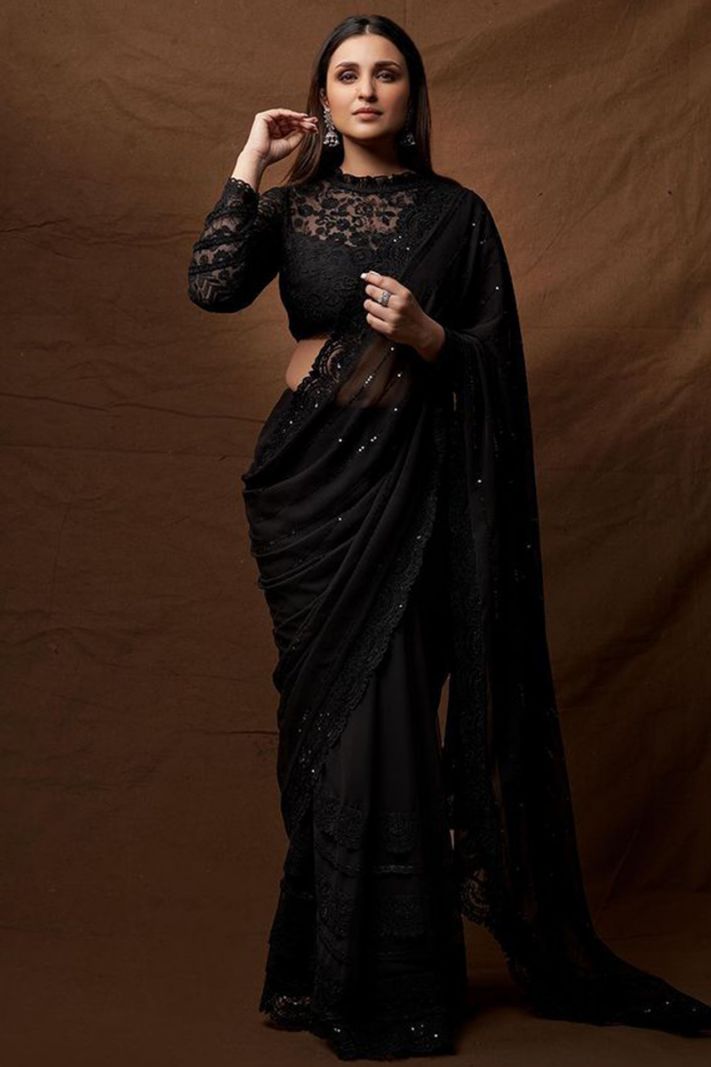 Embroidered Black Color Georgette Fabric Saree